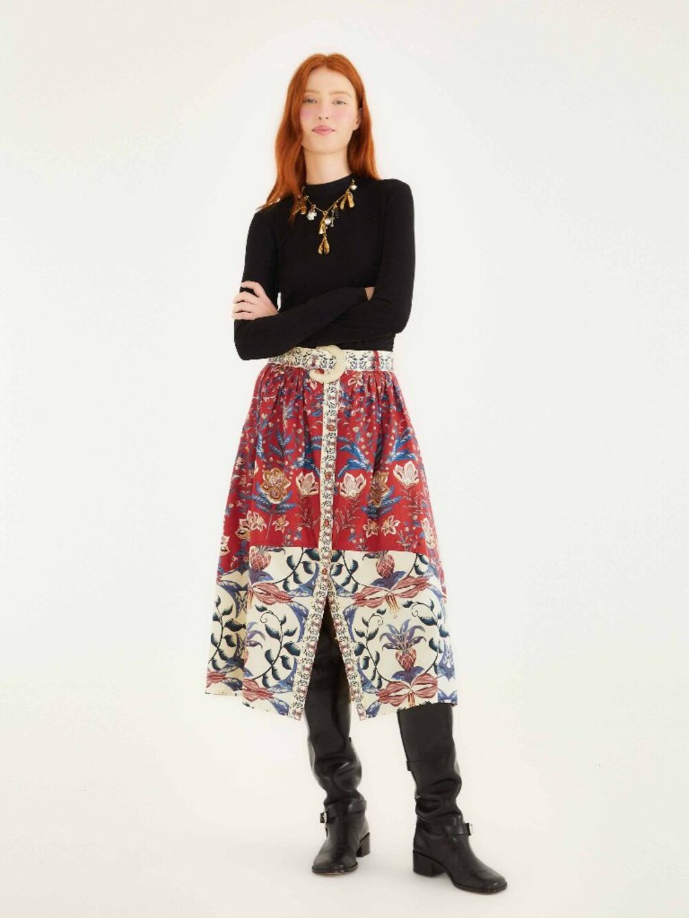 Red Winter Breeze Buttoned Belted Organic Cotton Midi Skirt